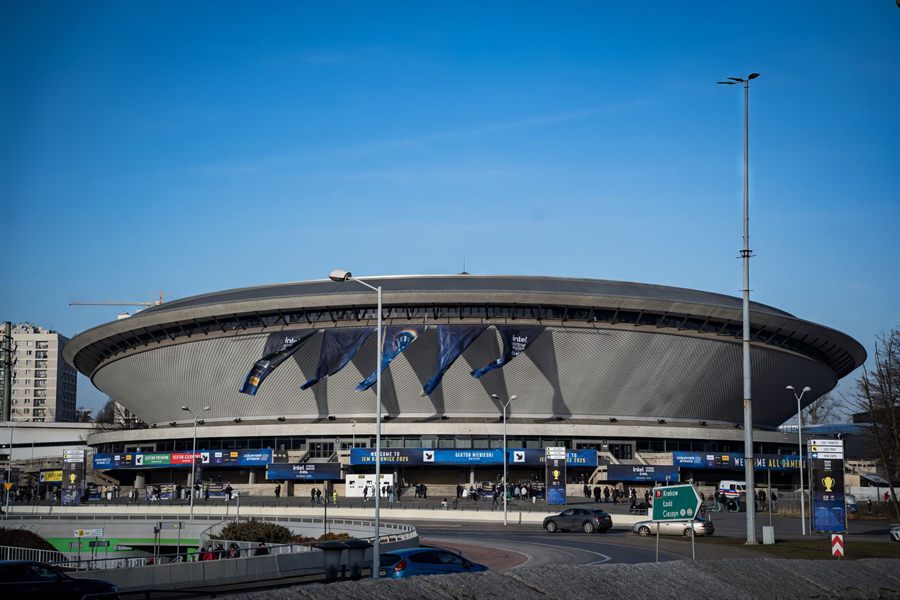 The saucer-shaped Spodek arena in Katowice, Poland, decorated with banners for an esports event