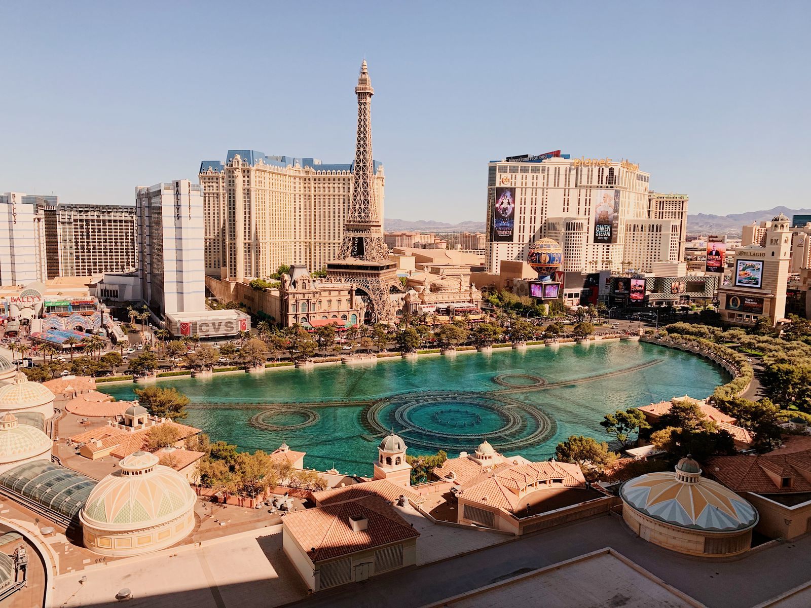 The Las Vegas Strip seen from above, with the Paris Las Vegas Eiffel Tower replica behind the Bellagio lake, home turf of the World Series of Poker